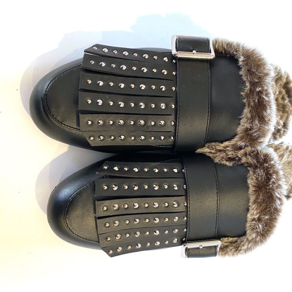 Design Lab Black Mules With Studs And Fur Sz 8 - image 3
